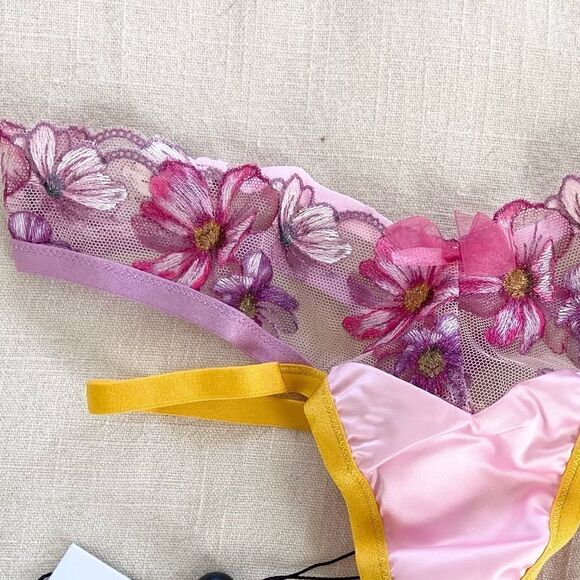 For Love And Lemons Floral Strappy Pink & Yellow Thong Panties XXS NWT - Picture 4 of 7